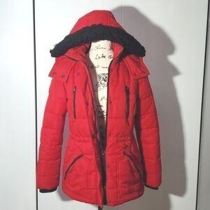 GUESS- Red/Black Goose Down Filled Coat Faux fur Detach hood Warm! Winter Sz.M